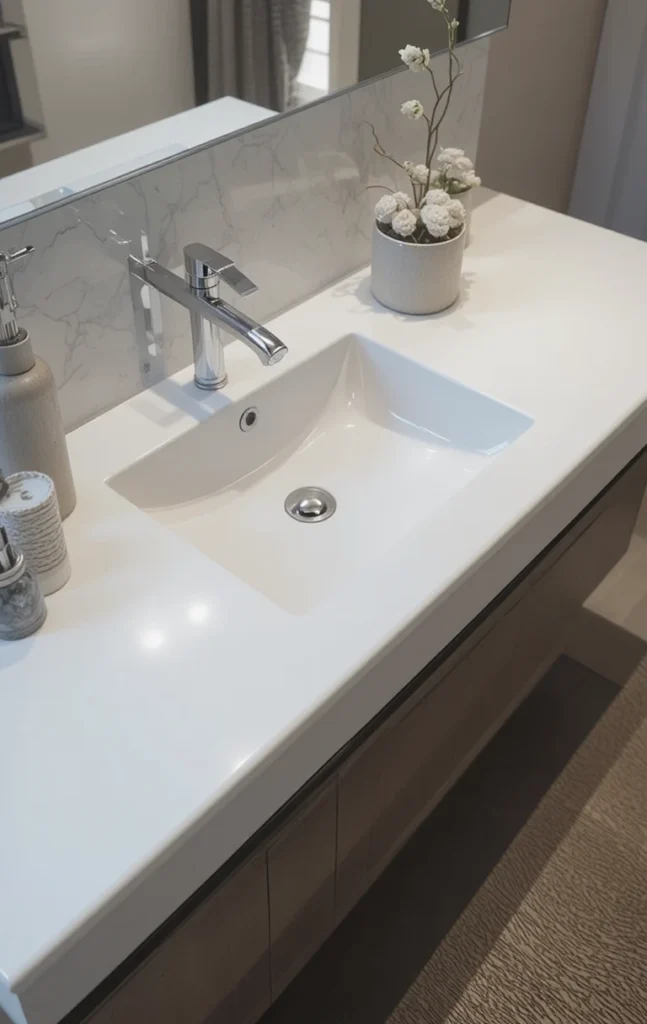 Integrated sink and countertop with smooth, continuous surface.