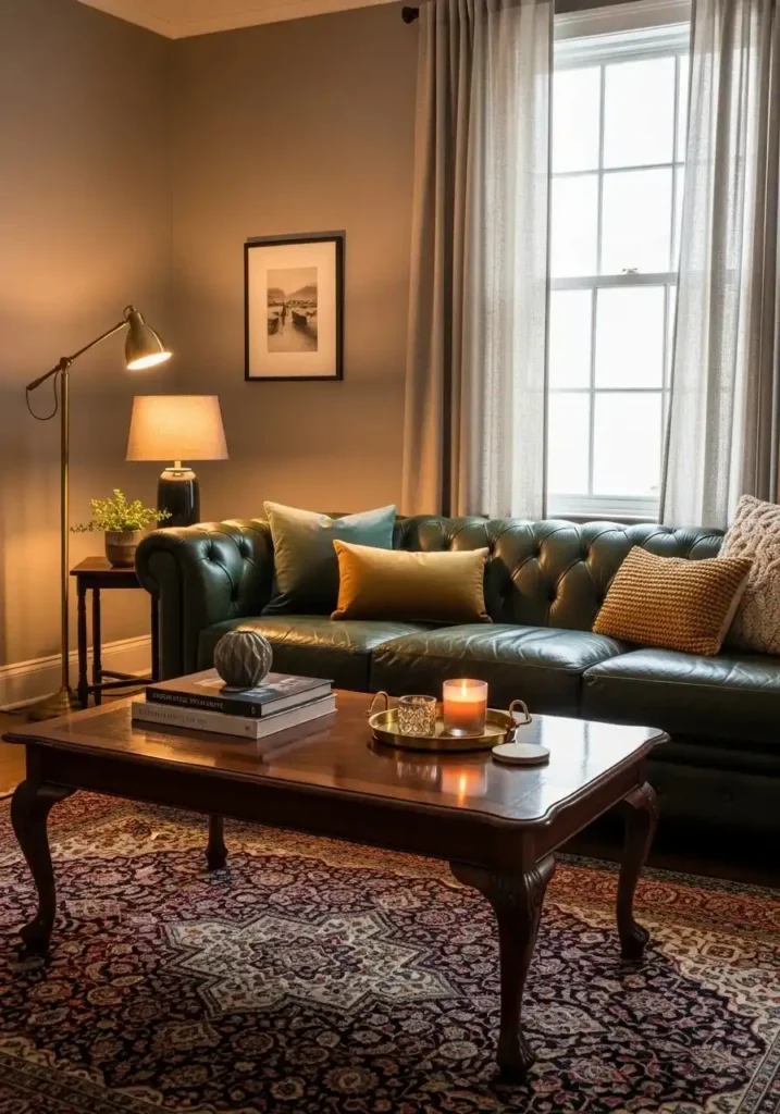 Emerald green leather sofa in luxurious elegant living room