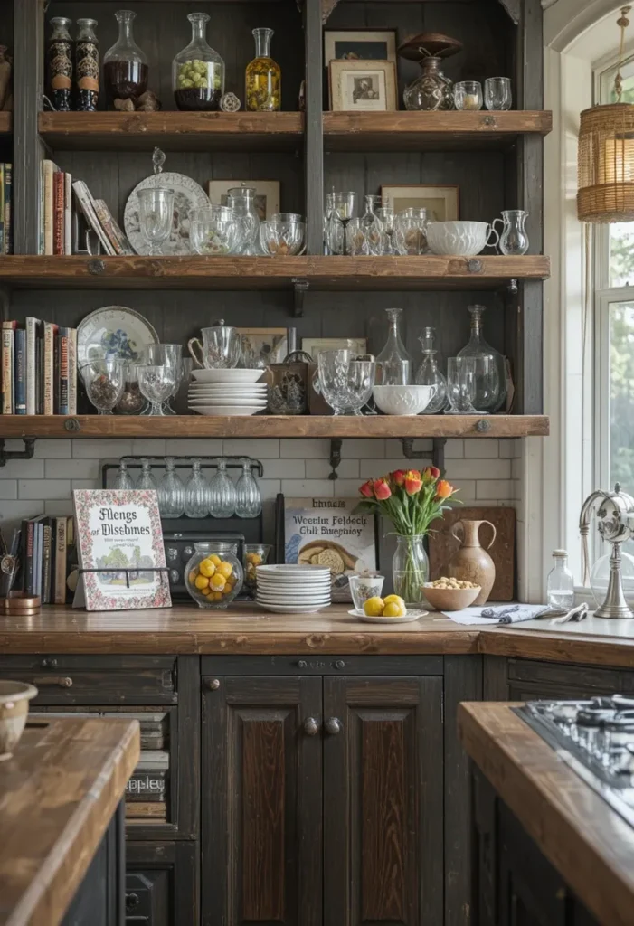 Open shelving in an L-shaped kitchen showing decorative and functional items.