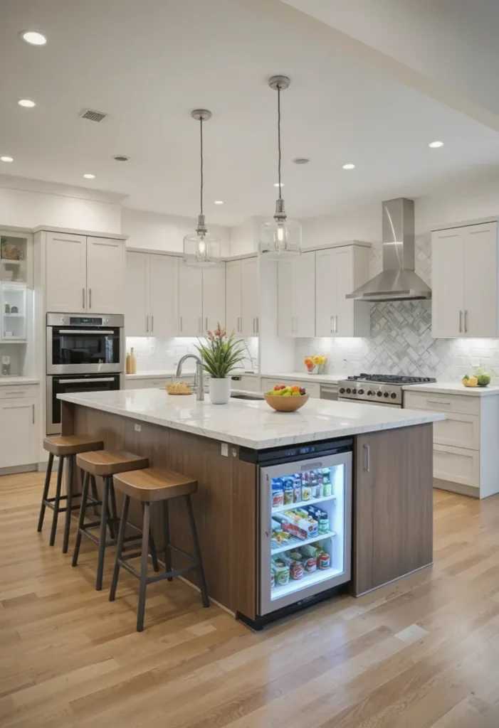 Island with under-counter refrigerator for convenient access.