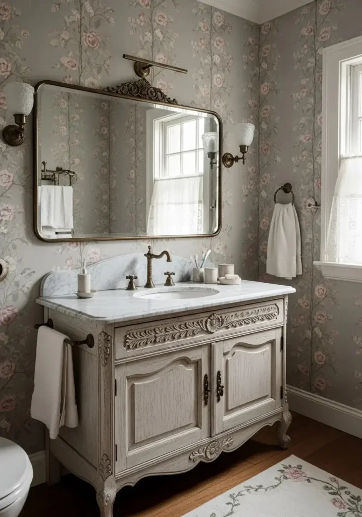 Vintage floral wallpaper in romantic bathroom