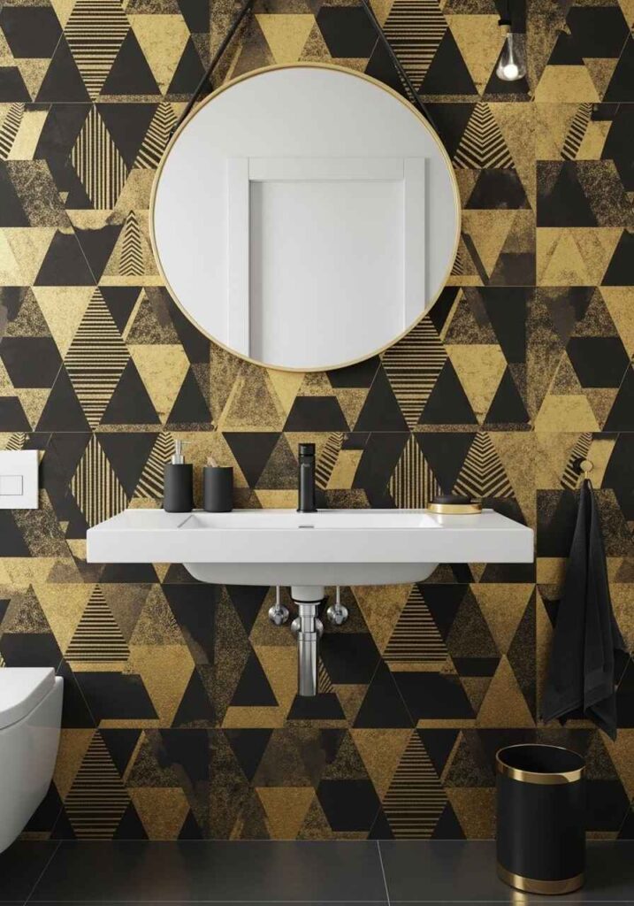 Bold geometric wallpaper in modern bathroom