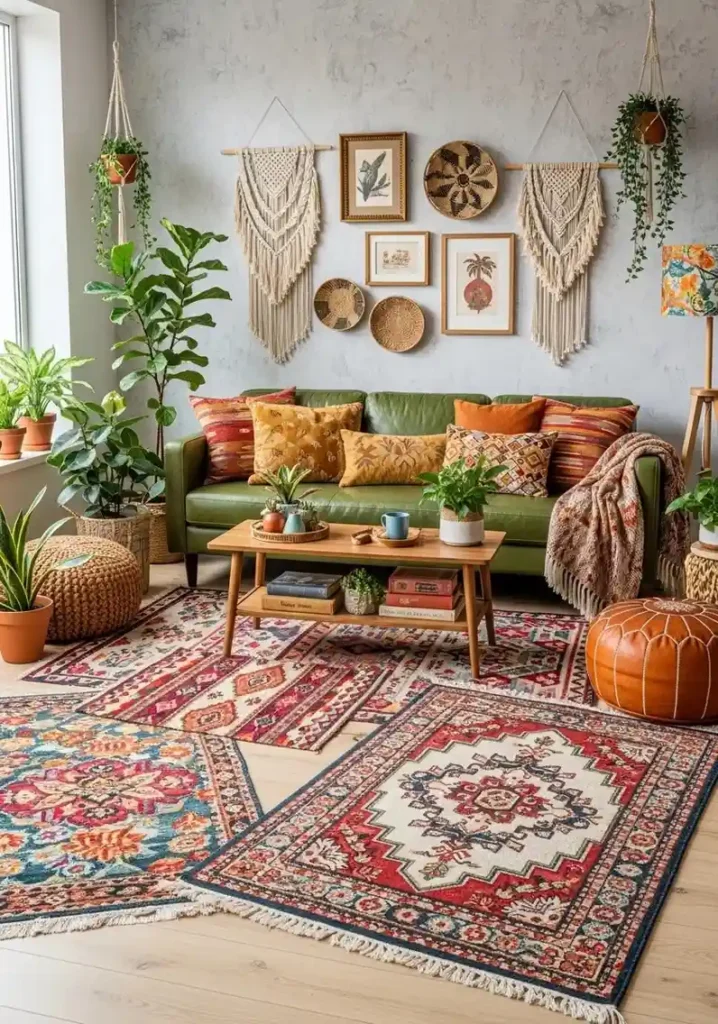 Green leather sofa in eclectic boho living room