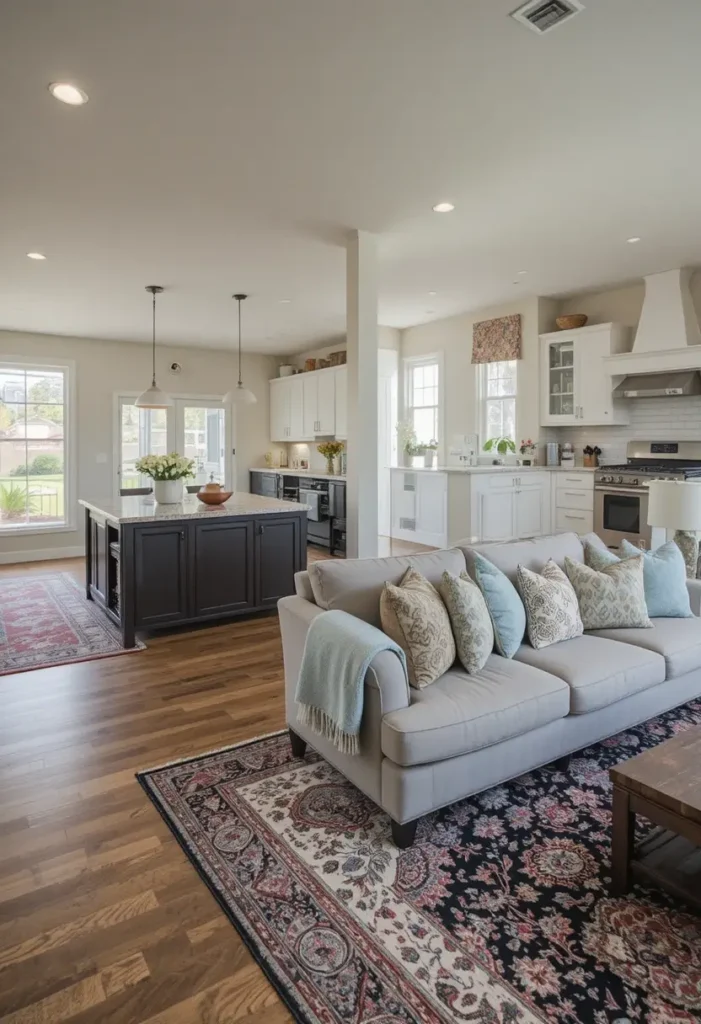 Open kitchen and living room with furniture defining zones