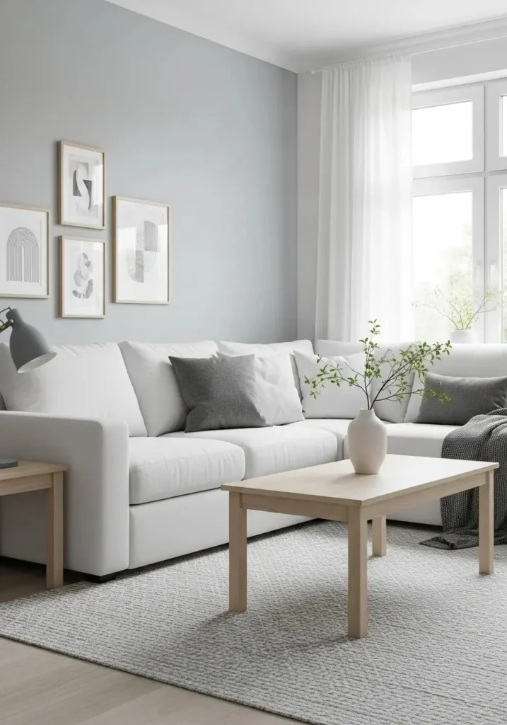Scandinavian living room with white couch and light wood details.