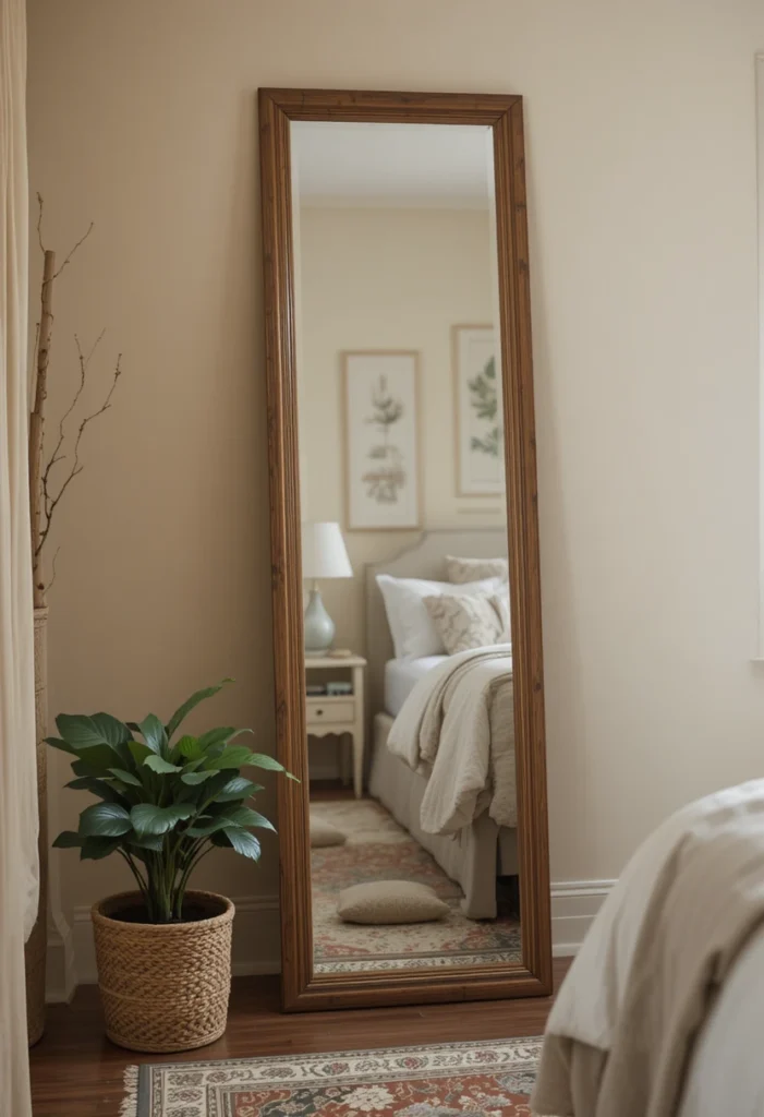 Leaning mirror in a bedroom creating a relaxed and stylish look