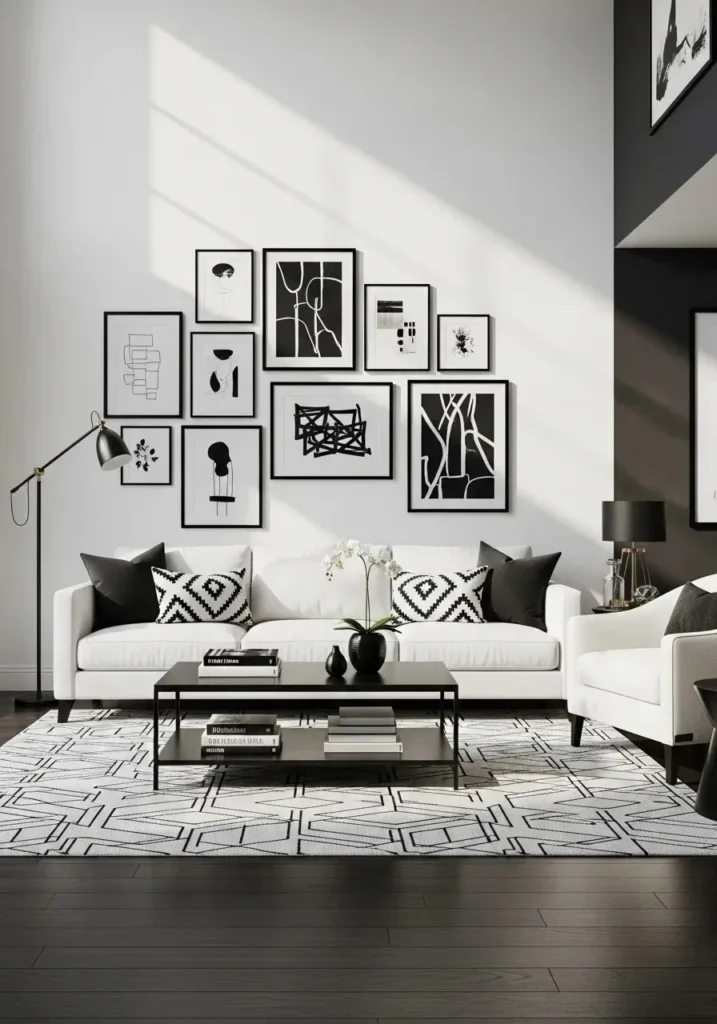White couch living room with bold black accents and modern styling.