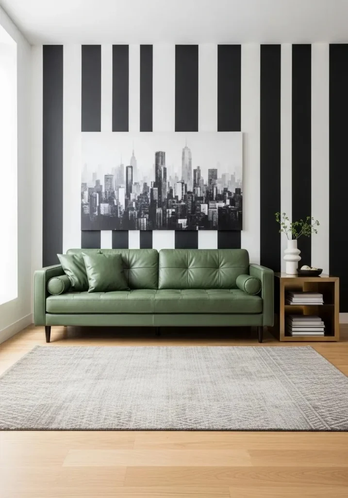 Green leather sofa in black and white modern living room