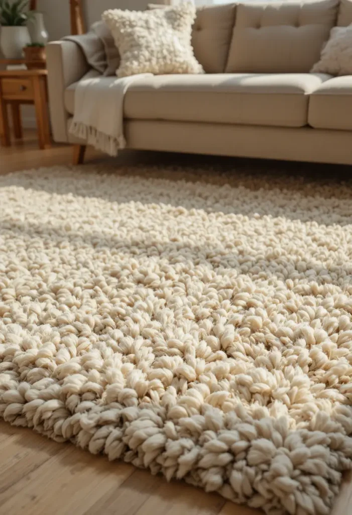 Wool rug adding warmth and texture to living room seating area.