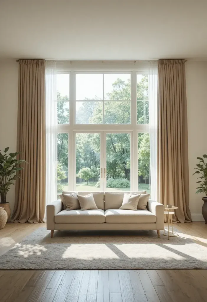 Wide curtains extending past window frame in a sunlit living room.