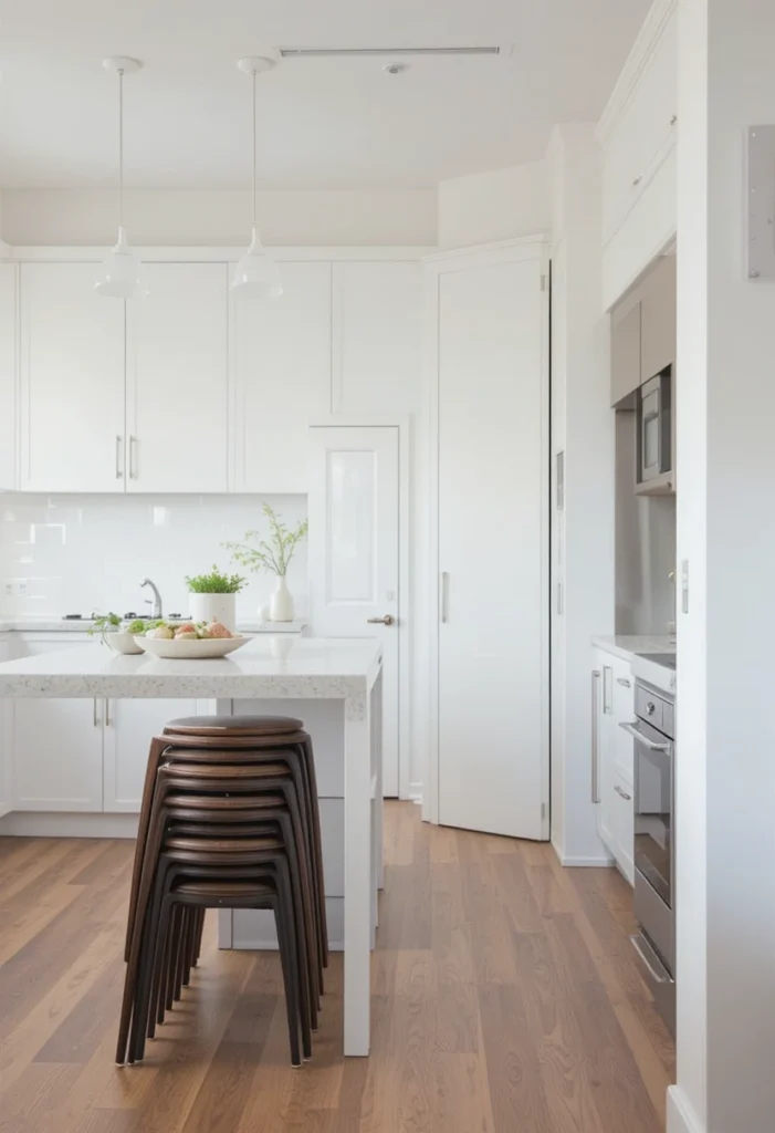 Stackable kitchen island stools stored compactly to save space in a small kitchen.