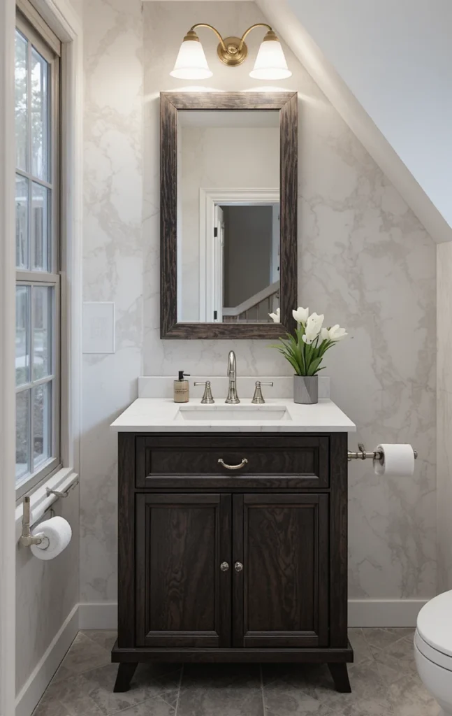 Custom-built bathroom vanity designed for a unique space layout.