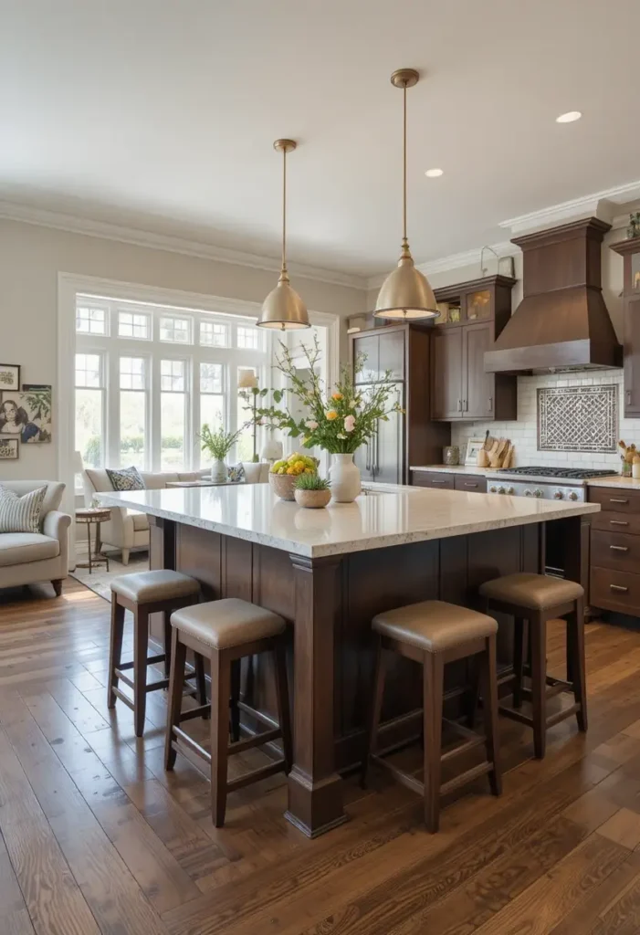 Kitchen island serving as central hub in open concept space