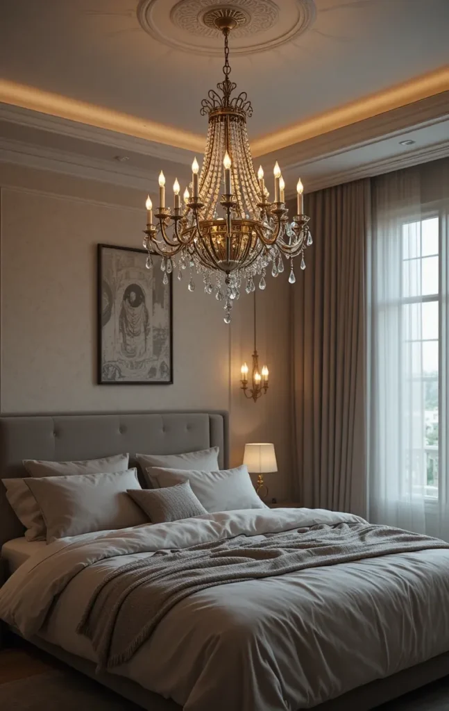 Bedroom chandelier with warm, soft light creating a calming and cozy atmosphere.