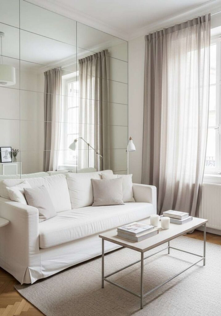 Small living room with white couch and airy layout.