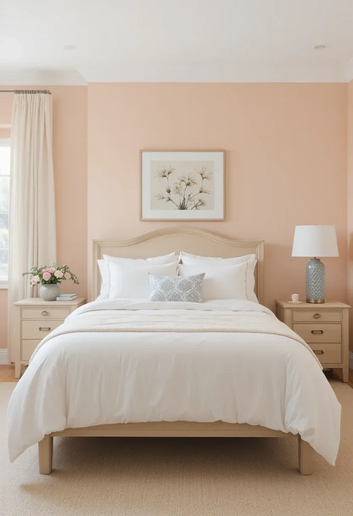 Soft orange bedroom with peach walls and neutral decor