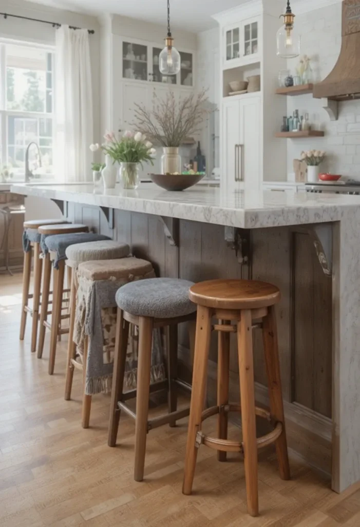 Mix-and-match kitchen island stools creating a personalized, eclectic look while remaining cohesive.