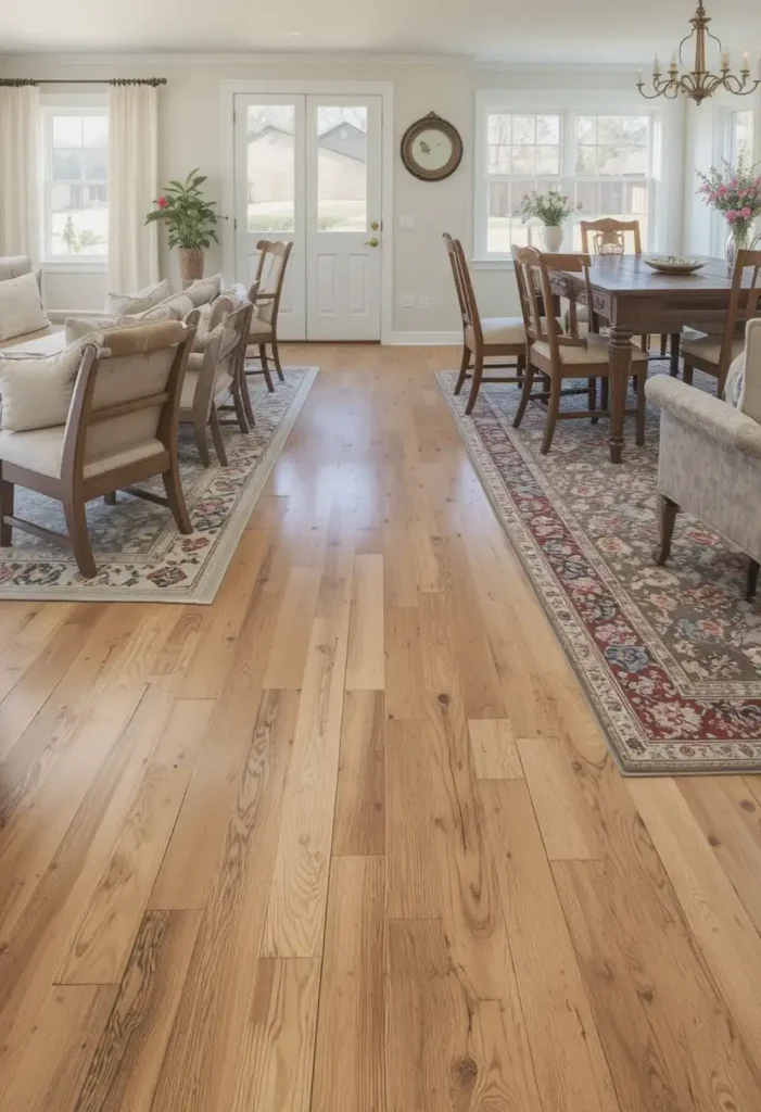 Harmonized flooring connecting living and dining spaces