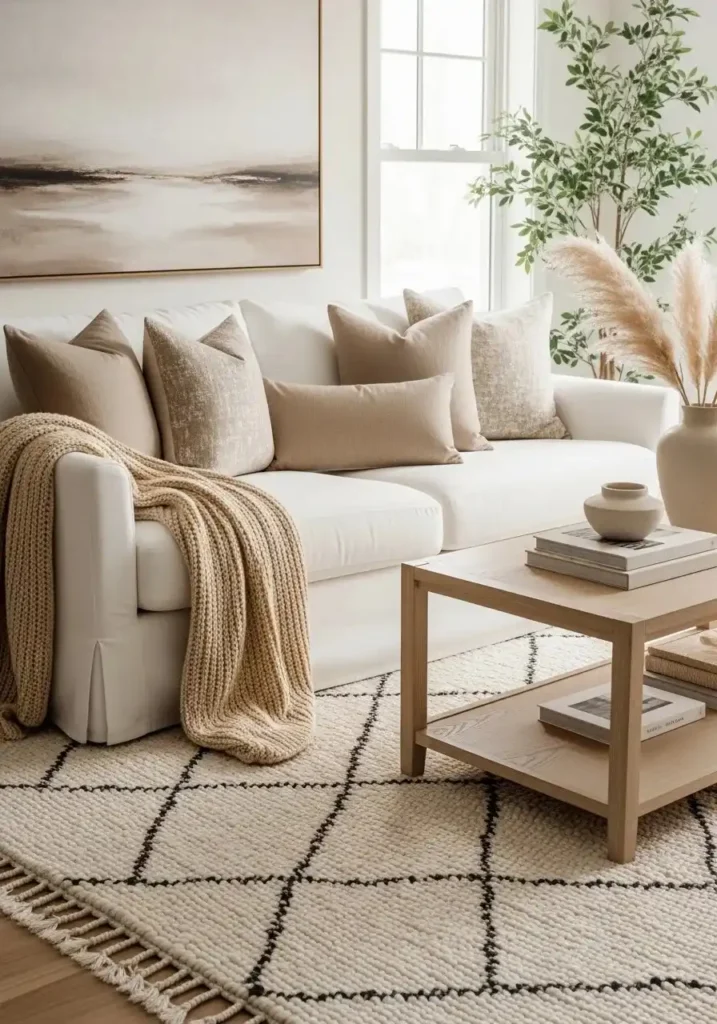 White couch layered with warm neutral pillows and textured accents.