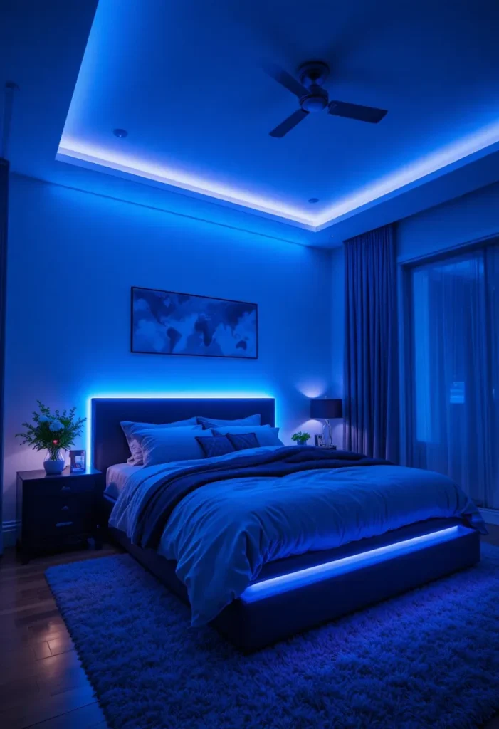 Color-changing RGB LED lights used for mood lighting in a bedroom