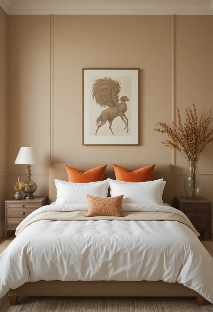 Balanced orange and neutral bedroom color palette