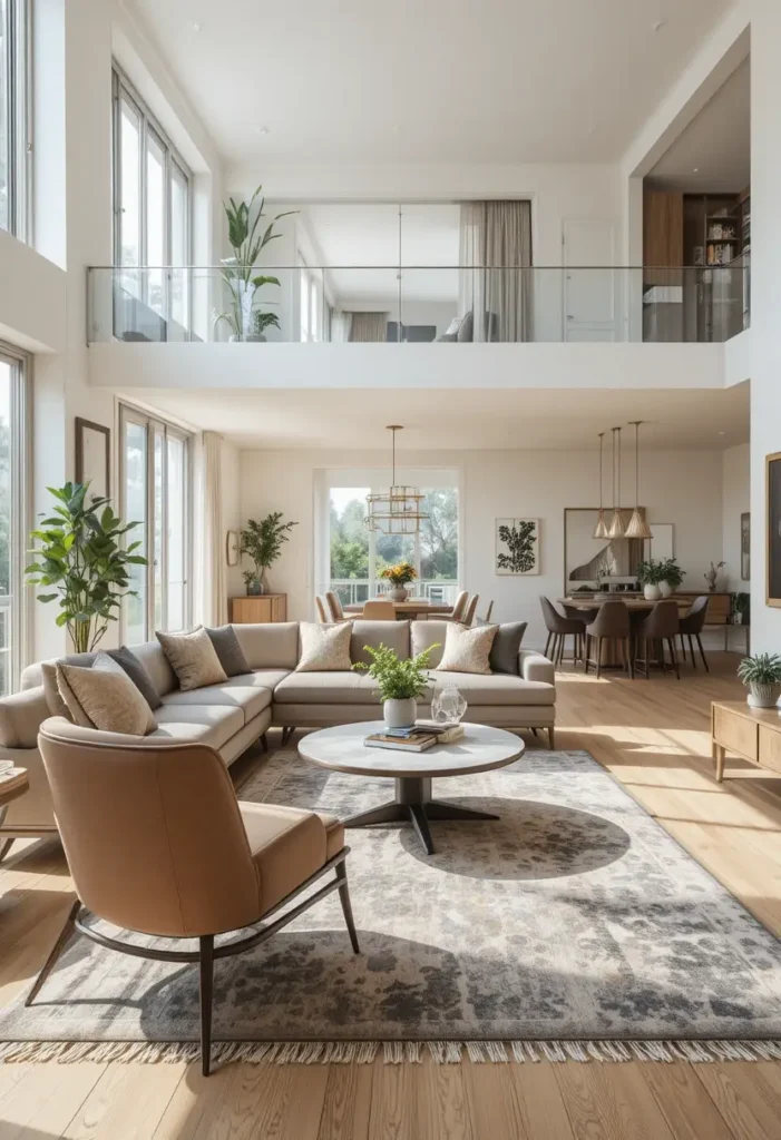 Rug defining seating zone in an open floor plan living room.