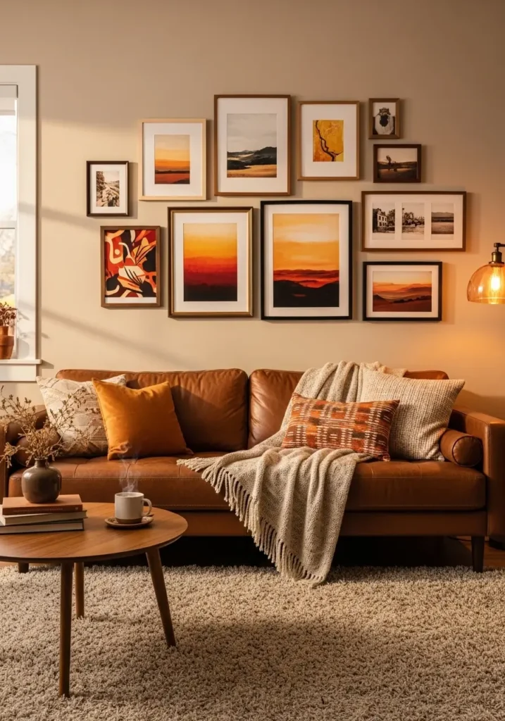 Brown couch with gallery wall decor.