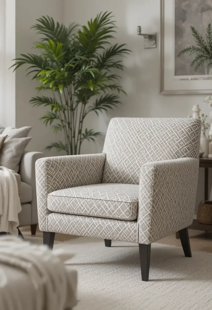Patterned accent chair adding interest to a neutral living room