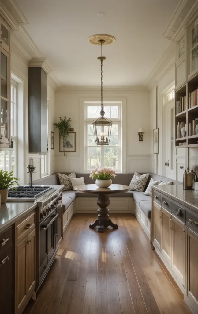 Seating nook at the end of a long kitchen with round table and cozy seating
