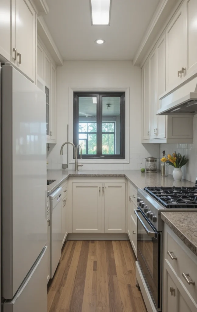 Efficient appliance placement in a galley kitchen.