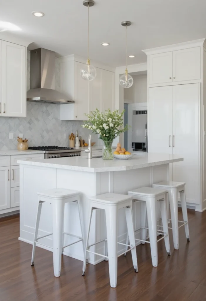 Backless kitchen island stools neatly tucked under a compact island for easy navigation in a small kitchen.