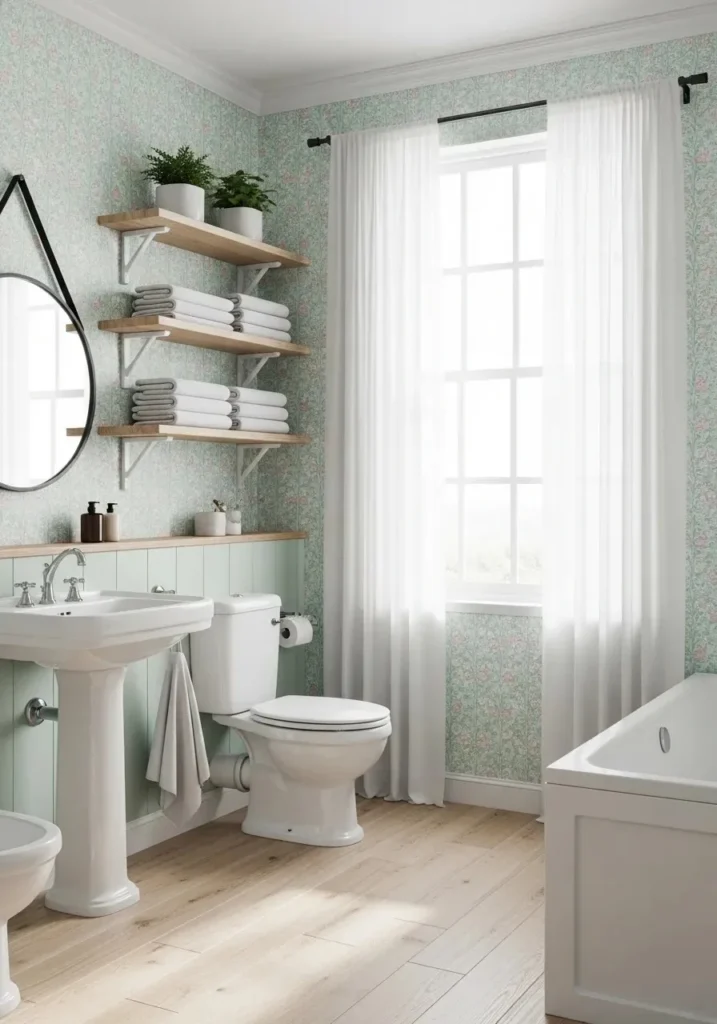 Soft pastel wallpaper in calming bathroom