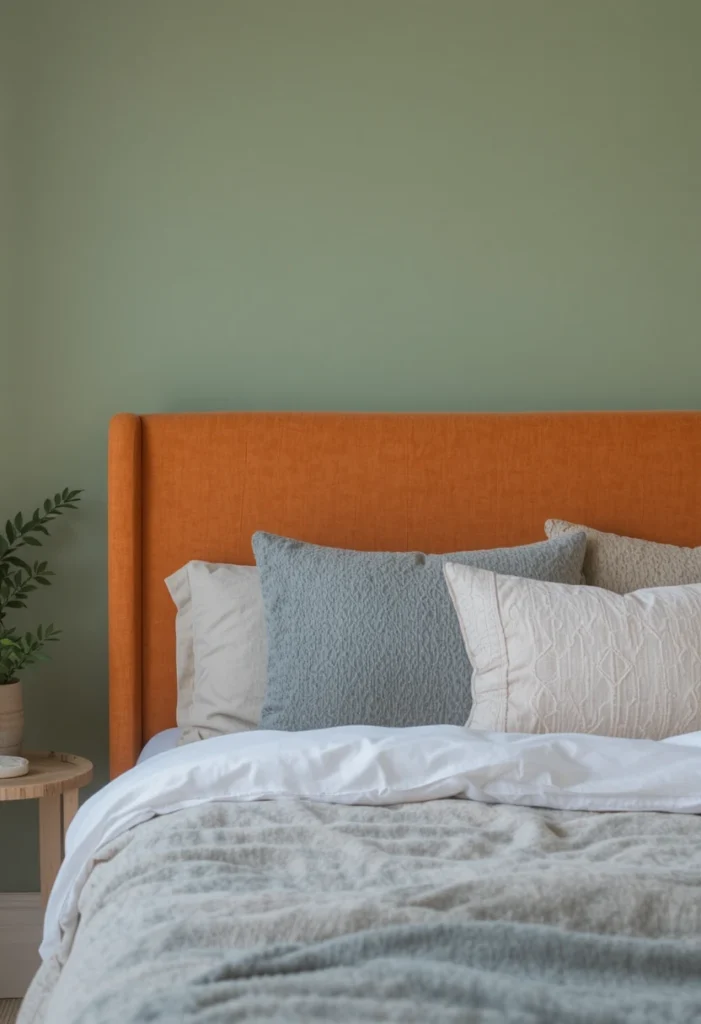 Orange headboard creating a focal point against green walls in a bedroom