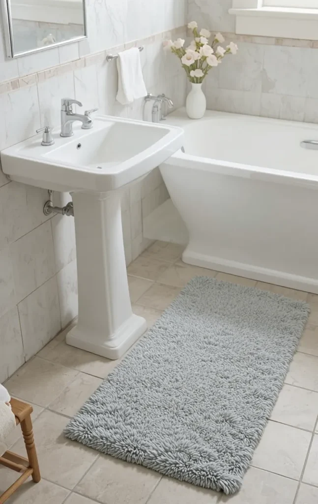 Washable bathroom rug for easy cleaning and maintenance.