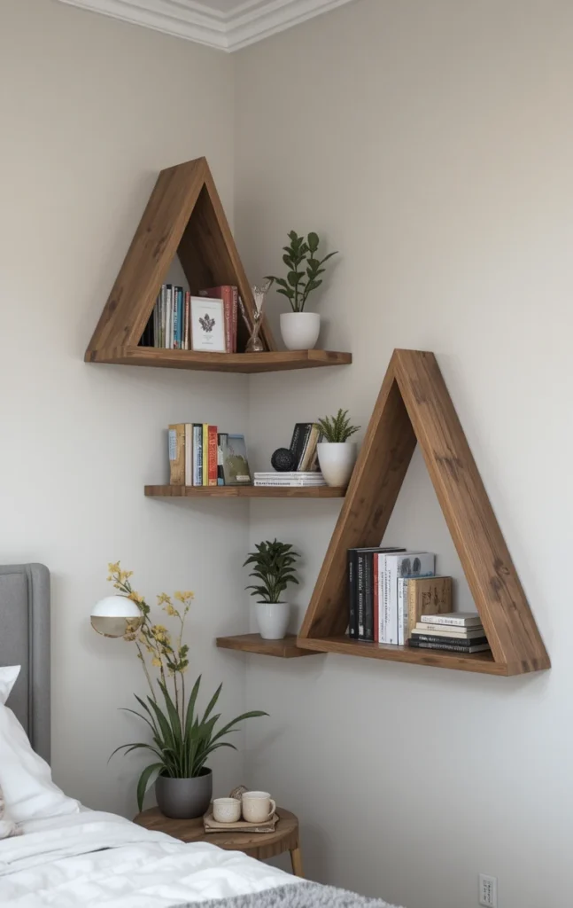 Floating corner shelves styled with books and décor in bedroom.