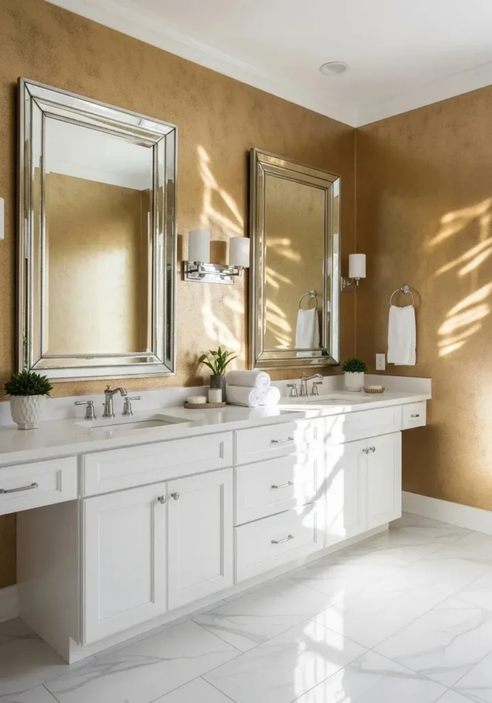 Metallic gold wallpaper adds luxury to bathroom