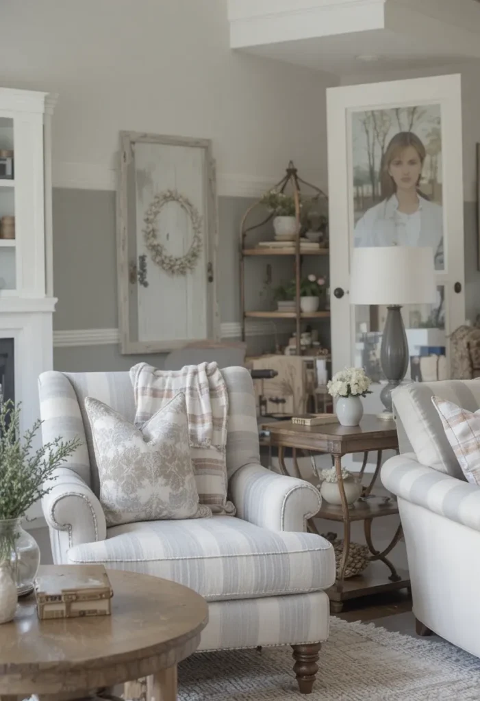 Subtle patterns in farmhouse living room decor.