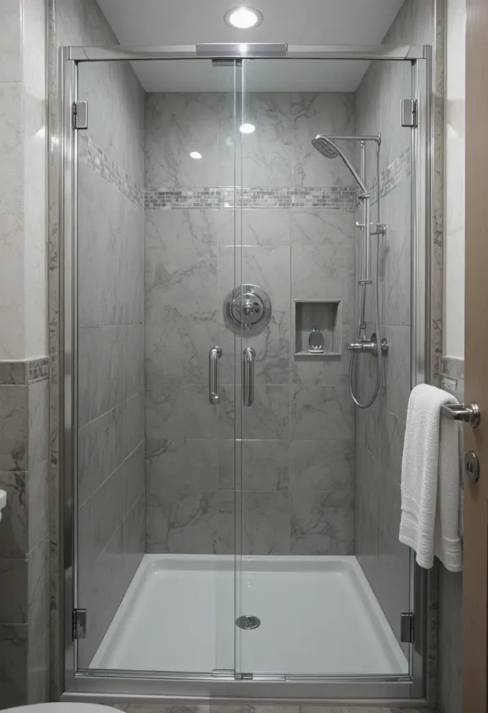 Sliding glass door walk-in shower in a small bathroom to save floor space.