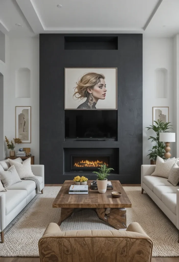 “Living room with a focal point created by fireplace, TV, and artwork.