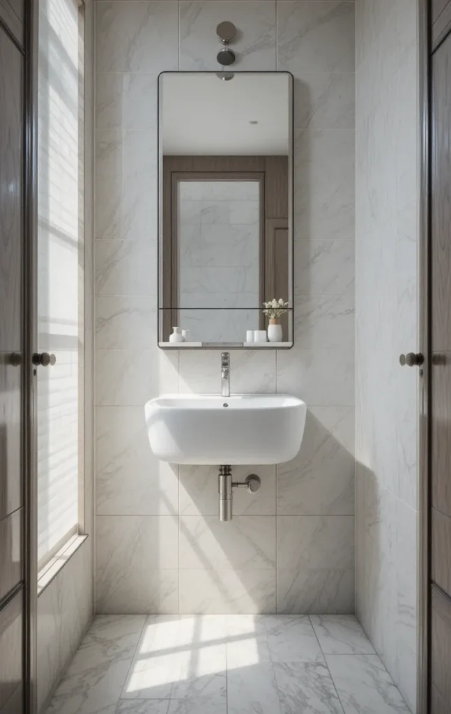 Floating wall-mounted sink creating open space in a small bathroom.