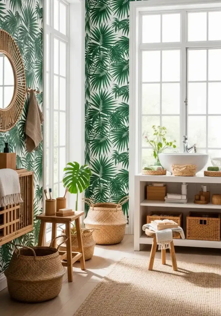 Tropical leaf wallpaper in bathroom with rattan accents