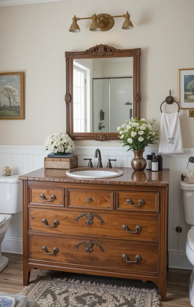 Antique wooden dresser used as a unique bathroom vanity.