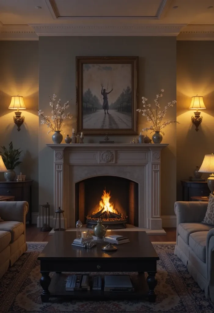 Living room with layered lighting including lamps and sconces around a fireplace.