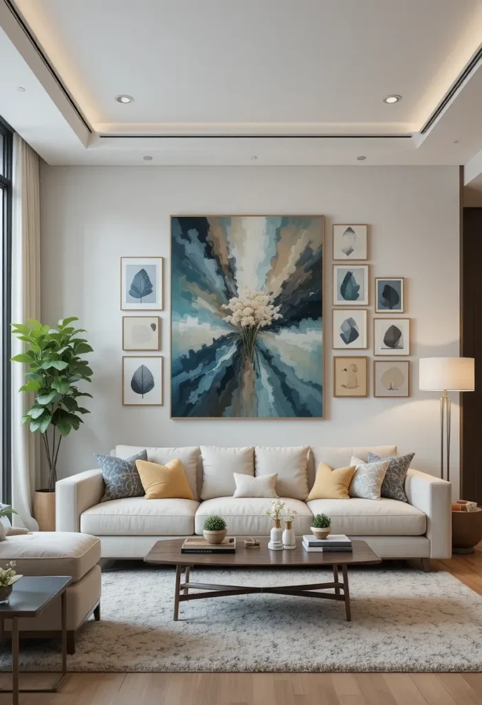 “Apartment living room with balanced wall decor featuring a large art piece or gallery.