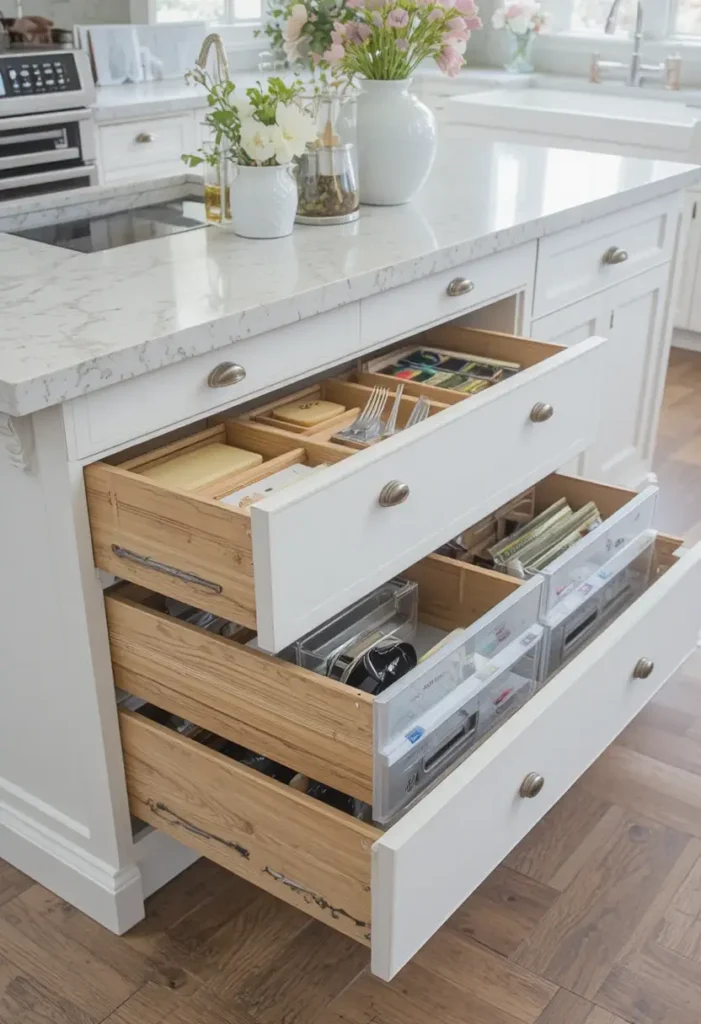 Organized storage in a U-shaped kitchen island.
