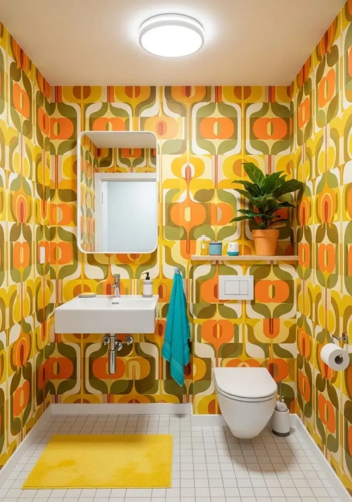 Retro patterned wallpaper in fun bathroom