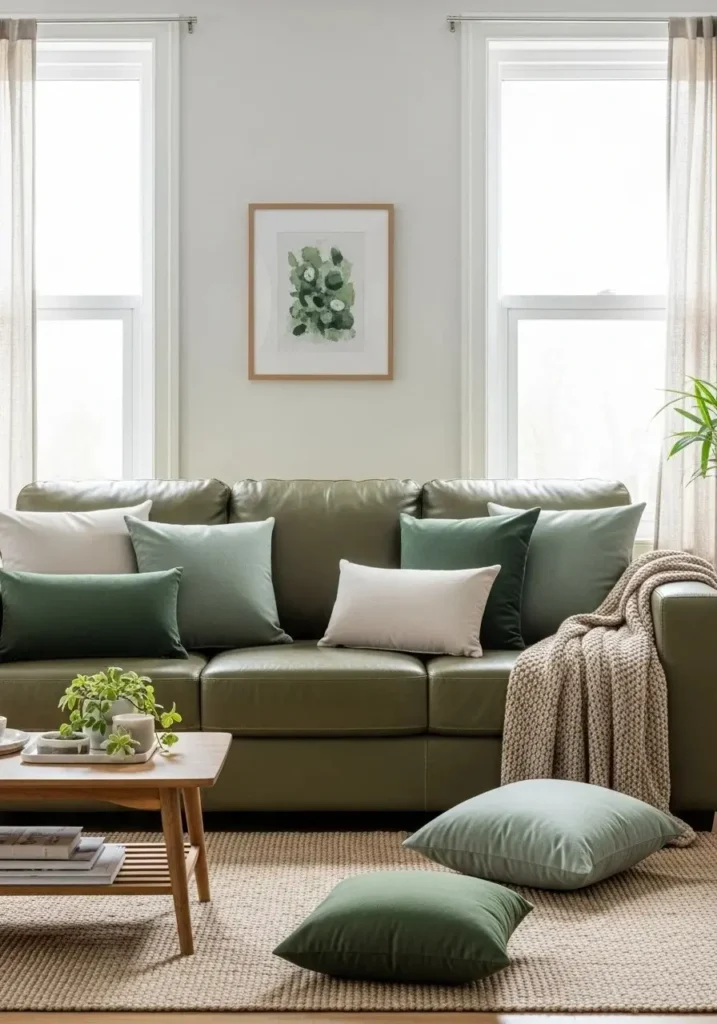 Green leather sofa in monochromatic green living room