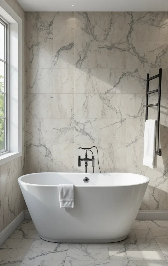 White freestanding bathtub with black faucet and accents