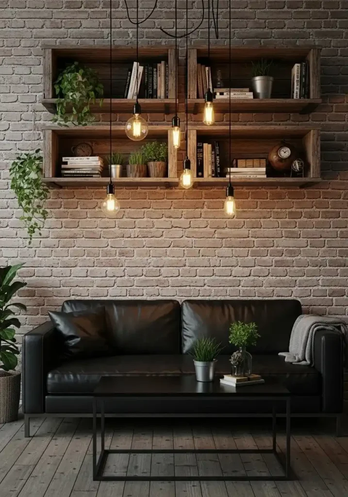 Industrial living room with black couch and exposed brick wall.