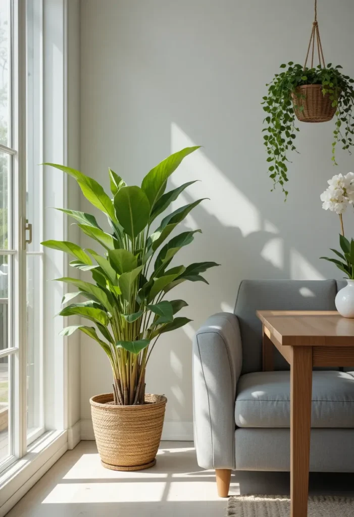 Green plants adding freshness to open living and dining room